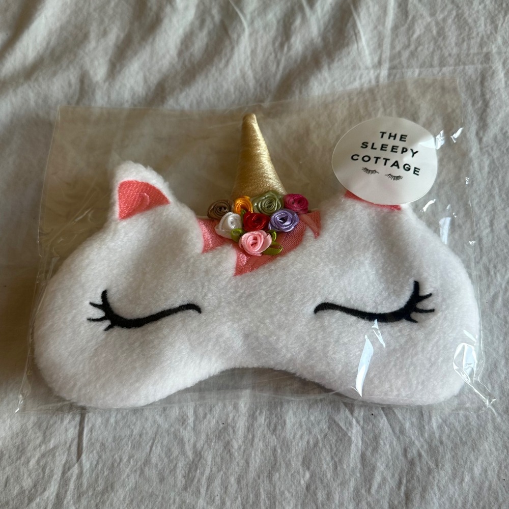 The Sleepy Cottage Unicorn Sleep Mask White Plush Gold Horn Floral Girls New